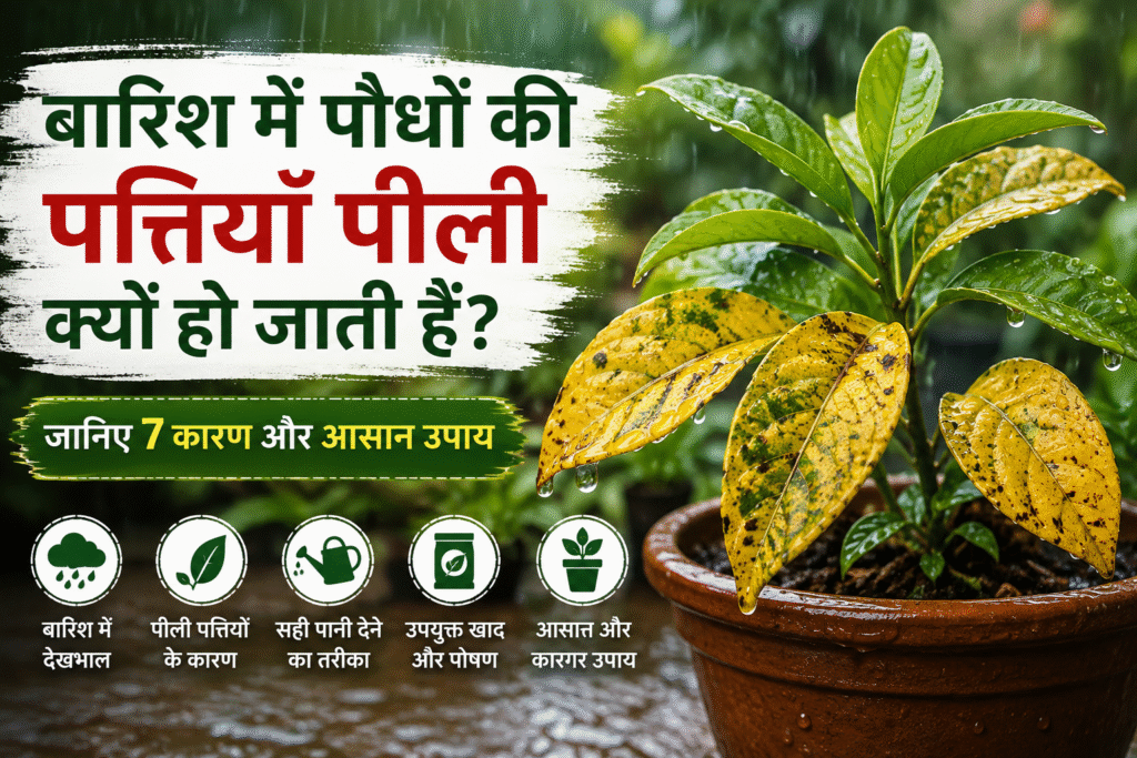 बारिश में पौधों की पीली पत्तियाँ